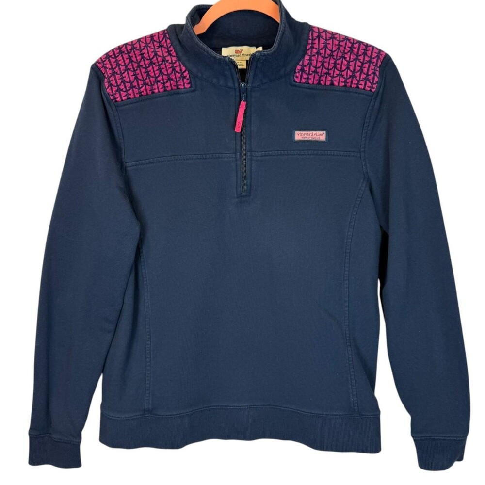 Vineyard Vines Mixed Media Quarter Zip Navy Cotton Pink Anchor Corduroy Size L